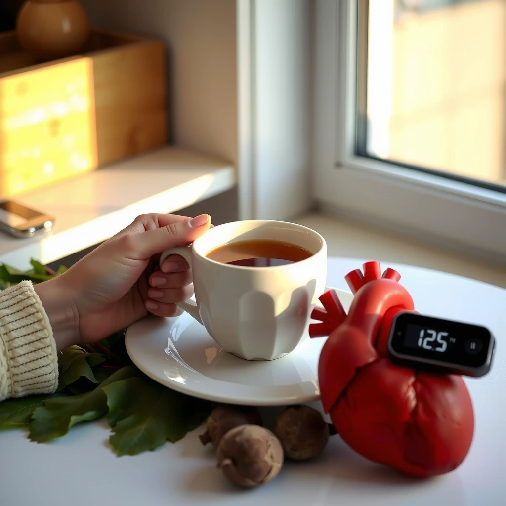 Ręce trzymające kubek z herbatą w porannej scenerii
